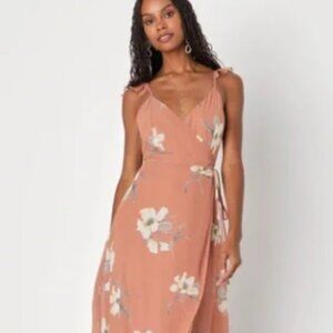 NWT Lulus Women's Medium All Mine Rusty Rose Floral Print High Low Wrap Dress